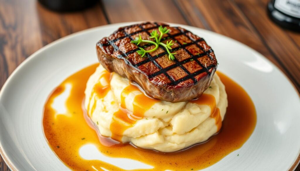 Cooking steak on mashed potatoes