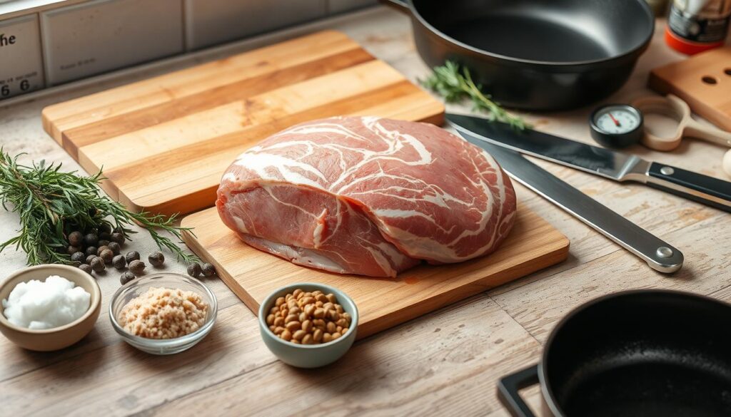 Ham Steak Cooking Ingredients and Tools