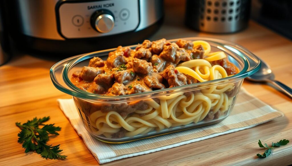 Storing Beef Stroganoff with Egg Noodles